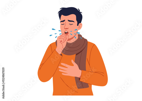 Man Coughing, Showing Symptoms of Illness A Vector Illustration of a Sick Person
