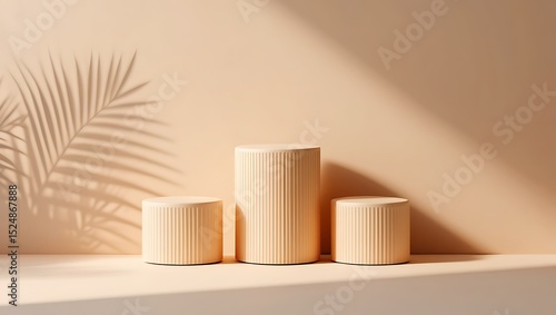 Wallpaper Mural Elegant Beige Cylindrical Display Stands with Palm Leaf Shadow, Minimalist Product Presentation Mockup Torontodigital.ca