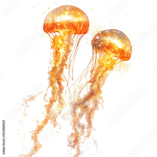 watercolor of Glowing Jellyfish Tropical Water, vector high quality, isolated on a white background.