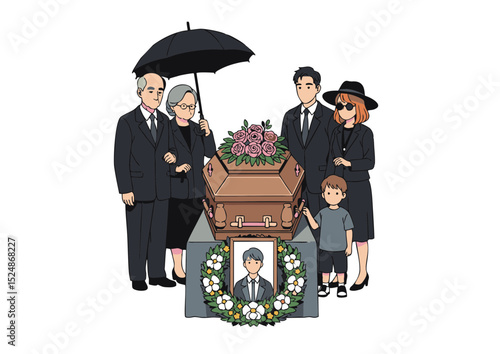 Mourning Family Gathered Around a Coffin at a Funeral Service Illustration of Grief and Remembrance