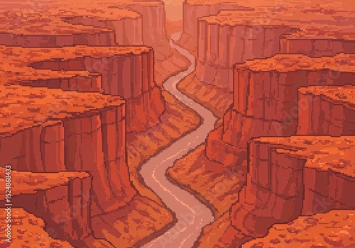 Serene sunset over a winding river flowing through majestic red rock canyons in a tranquil landscape