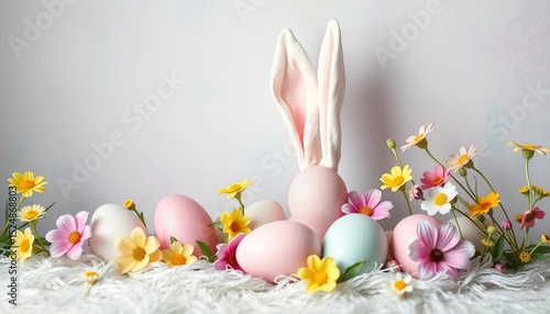 Pastel-colored Easter egg backdrop with bunny ears and spring flowers, celebration, colorful