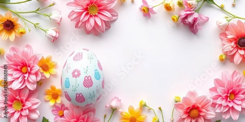 Pastel Easter egg, bunny, and floral pattern on white background, cute, art