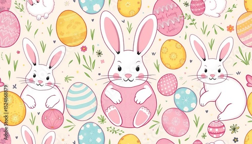 Pastel Easter bunny and egg seamless doodle pattern Hand-drawn, whimsical, festive background, festival, easter