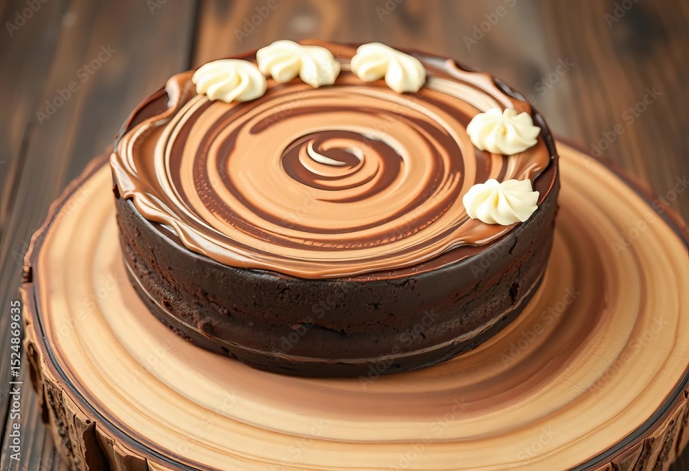 Rustic wood board holds rich chocolate cake, creamy frosting swirls visible, board, cake slice Rustic wood board holds rich chocolate cake, creamy frosting swirls visible, board, cake slice