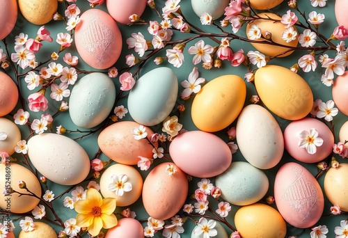 Seamless Easter pattern featuring pastel-colored eggs, blooming branches, and delicate flowers, texture, design