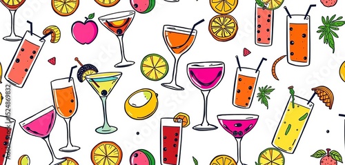 Seamless doodle pattern of various cocktails on white background, cocktail, wallpaper