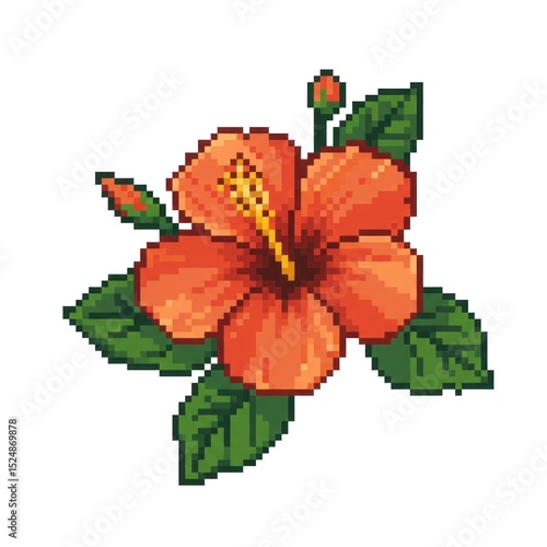 Vibrant pixel art depiction of a hibiscus flower with lush green leaves and buds, showcasing beauty