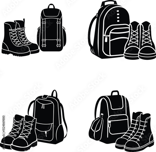 Backpack and hiking boots silhouette illustration set