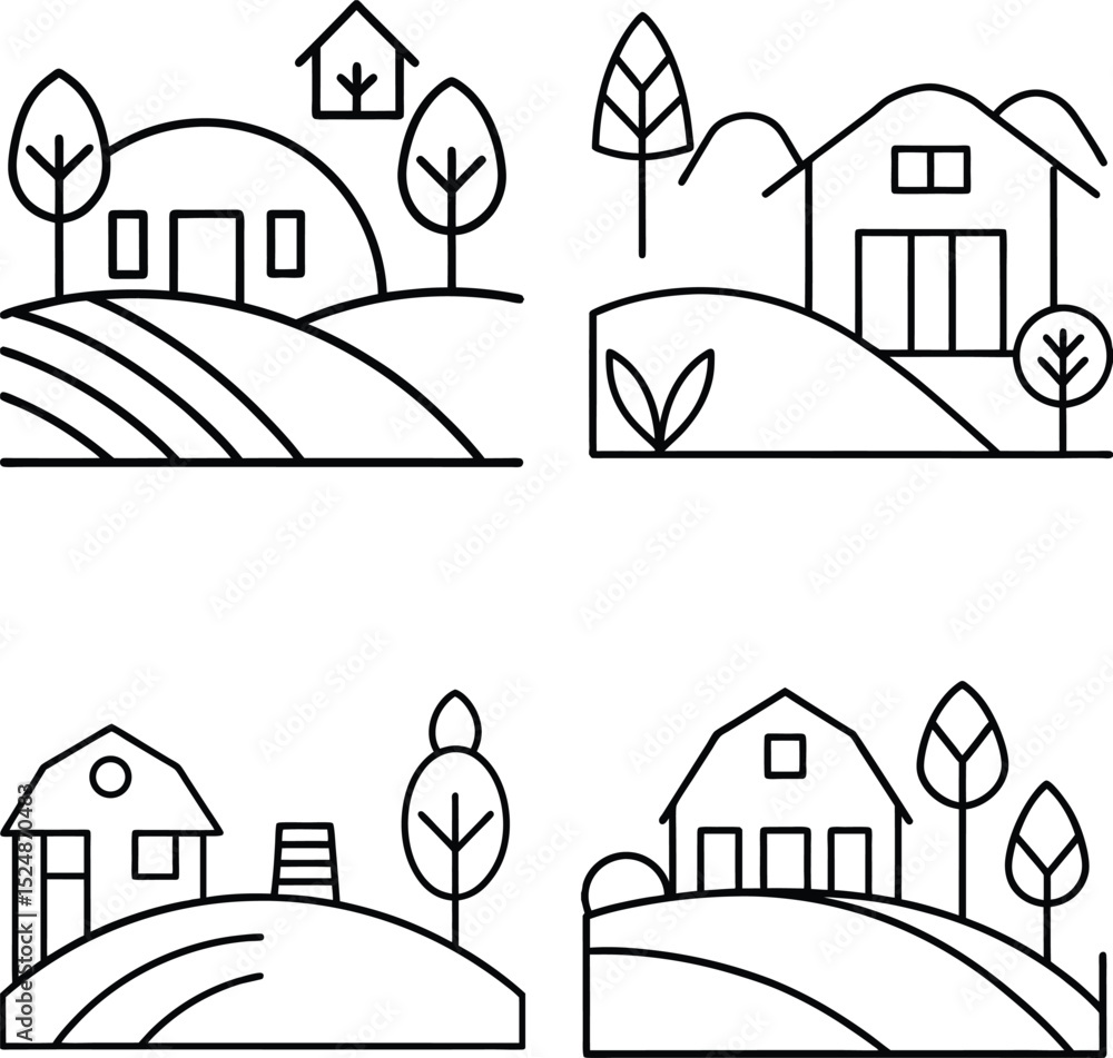 Fototapeta premium Minimal eco farm scene illustration set
