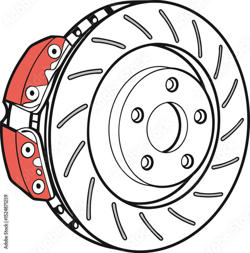 Red brake caliper and perforated disc rotor illustration