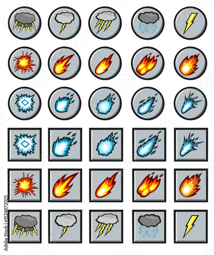 Sheet of Icons Buttons for RPG Magic Spells Vector Illustrations
