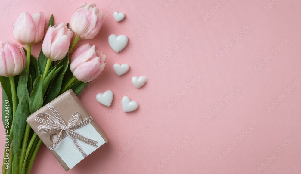 Tulips and gift with hearts on pink Tulips and gift with hearts on pink
