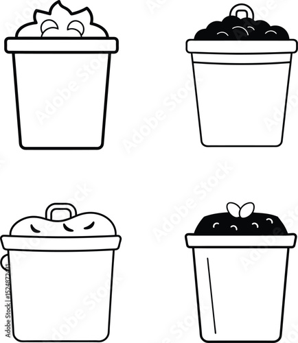 Compost bin with organic waste line art illustration set
