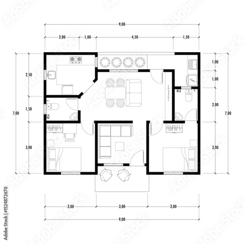 Black and White floor plan of a modern unfurnished house for your design. Suburban house vector blueprint. Architectural background.