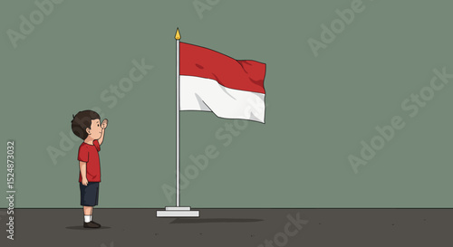 Vector Graphic Illustration A Child Saluting the Indonesia Flag - Celebrating Independence Day in Indonesia