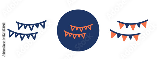 Set of 5 pixel perfect colored String flag party icon with 1 unexpanded, 1 silhouette, Colorful bunting flags hanging for a celebration.