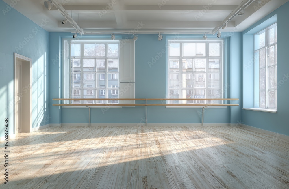 Obraz premium Empty dance studio with barre and windows