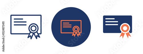 Set of 5 pixel perfect colored Diploma icon with 1 unexpanded, 1 silhouette, Diploma scroll tied with a ribbon representing certification.