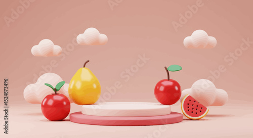 Adorable Fruit Characters with Soft Clouds on Pink Background