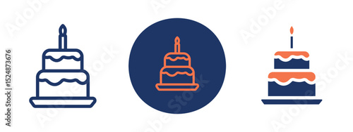 Set of 5 pixel perfect colored Double tier birthday cake icon with 1 unexpanded, 1 silhouette, Decorative double-layer cake with icing and festive candles.