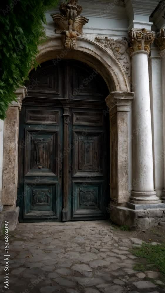 Detailed view of a weathered wooden door with stone archway, columns, carvings, and cobbled walkway leading to the entrance Detailed view of a weathered wooden door with stone archway, columns, carvings, and cobbled walkway leading to the entrance