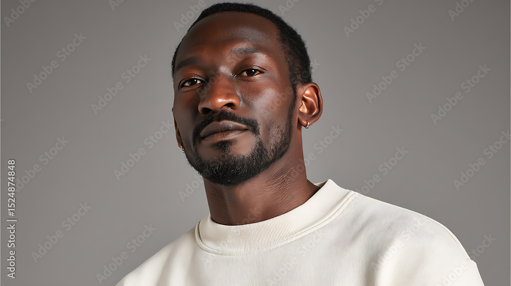 Obraz premium Stylish black male model wearing trendy sweatshirt posing in studio with neutral expression, clean grey background and professional lighting setup.