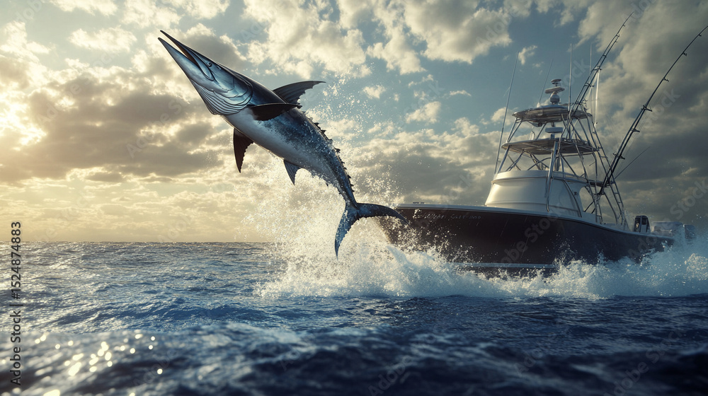 Fototapeta premium Hyper-realistic 3D render of a giant marlin leaping out of the ocean beside a boat, splash frozen mid-air