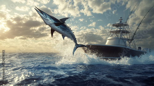 Hyper-realistic 3D render of a giant marlin leaping out of the ocean beside a boat, splash frozen mid-air