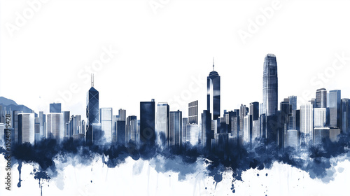 Hong kong city skyline with Asia sleek silhouettes on white background 