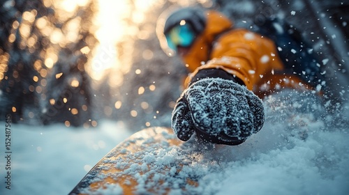 Snowboarder action close up