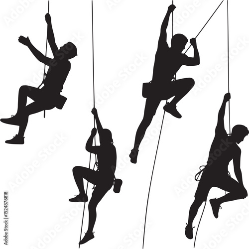 Silhouettes of four climbers ascending ropes against a plain white background in a graphic style
