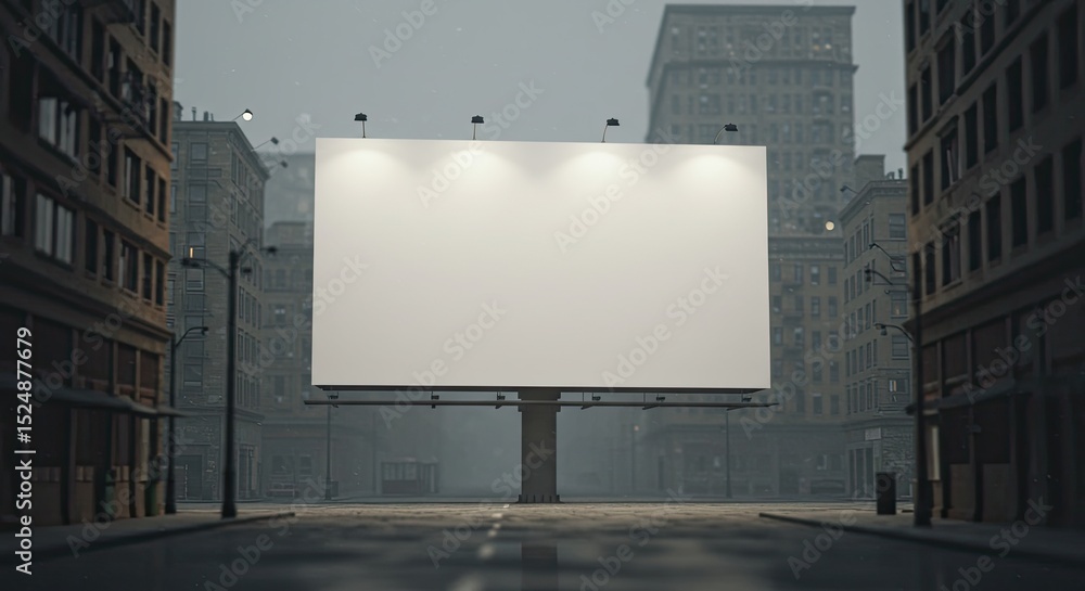 Blank billboard in a moody city street with buildings and street lights at dusk Blank billboard in a moody city street with buildings and street lights at dusk