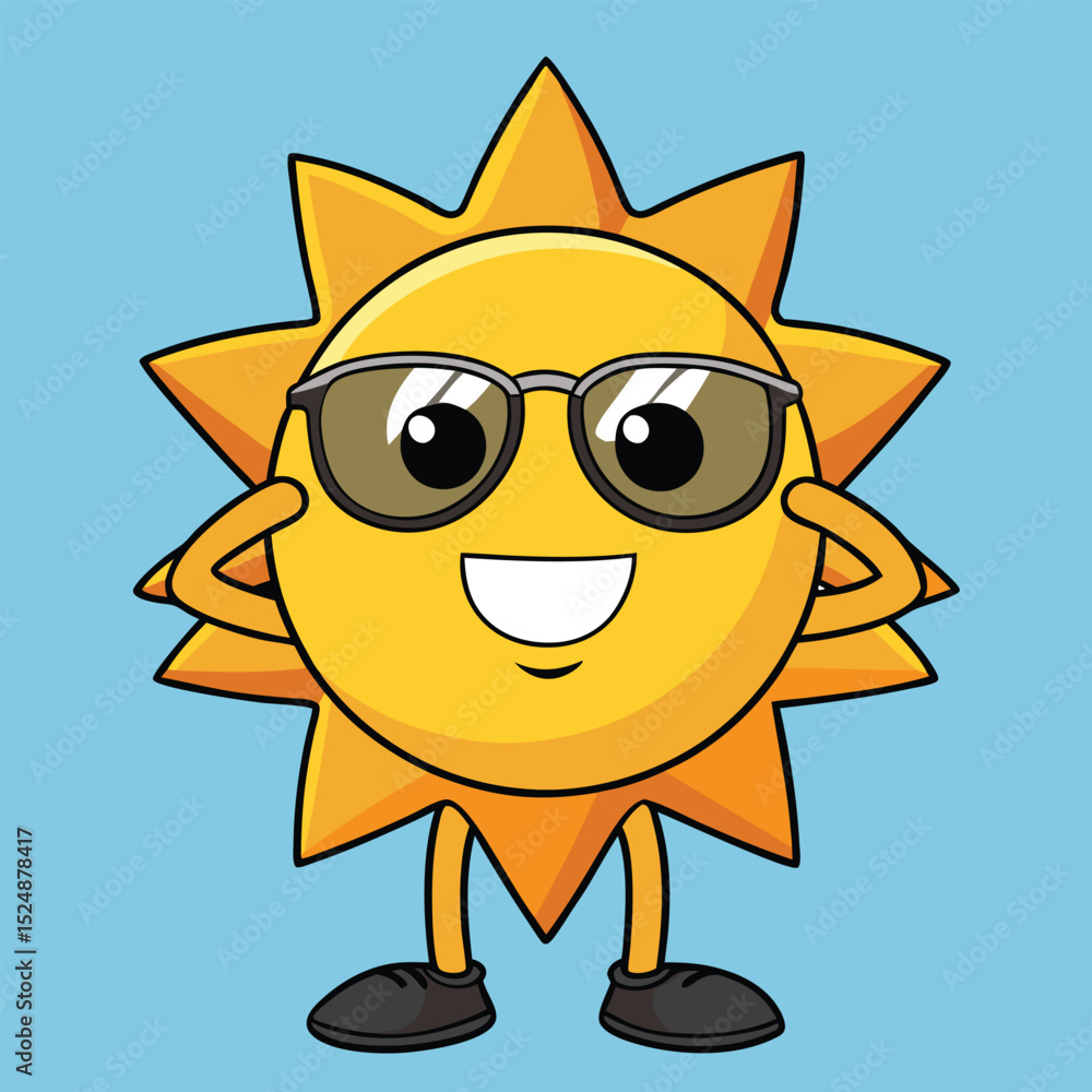 Fototapeta premium A cheerful cartoon sun wearing sunglasses and smiling against a light blue background