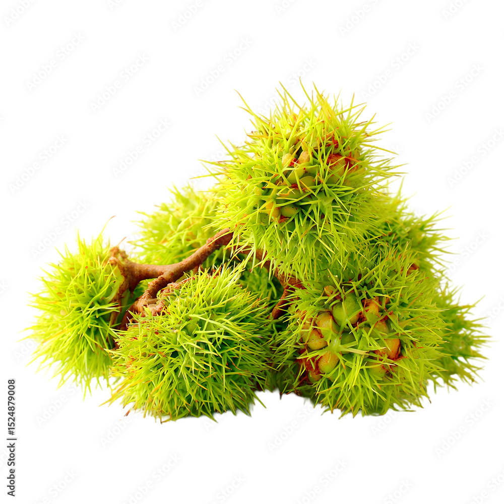 Green chestnuts on a branch prickly husks nature harvest autumn Green chestnuts on a branch prickly husks nature harvest autumn