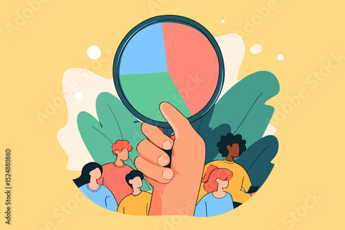 Data Analysis and Audience: This artwork depicts a hand holding a magnifying glass over a pie chart. A diverse group of individuals gather, suggesting focus on data interpretation.