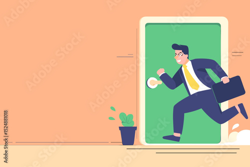 Business Rushing Through Door: Dynamic illustration of a focused businessman dashing through an open door, clutching a briefcase, symbolizing ambition and opportunity.