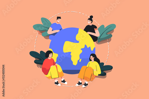 Global Harmony: Illustrative representation of a diverse group of individuals coming together, united by the shared experience of living on Earth. Symbolizing unity, cooperation.