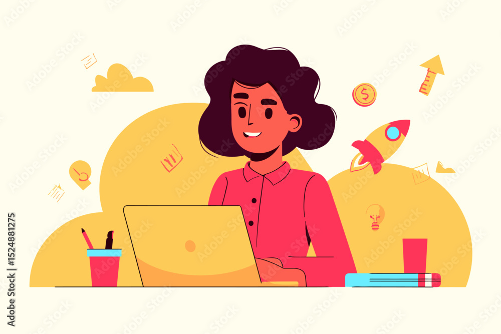 Idea ignition: A driven individual with laptop and rocket ship concept for launching new project and creative startup business idea. Idea ignition: A driven individual with laptop and rocket ship concept for launching new project and creative startup business idea.