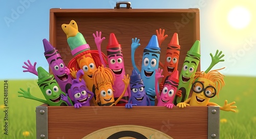 Animated Crayons Waving From a Wooden Chest in a Sunny Field
