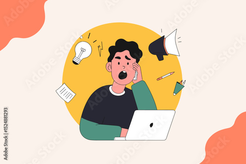 Overwhelmed at Desk: This digital illustration vividly portrays a person in the midst of a stressful work scenario. The person is immersed in work amid a flurry of ideas and tasks.