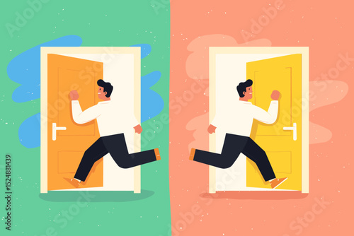 Choice: Navigating the Crossroads: A dynamic illustration captures two individuals at a pivotal moment, charging through open doors to embrace new directions. Symbolizing decisiveness, choice.