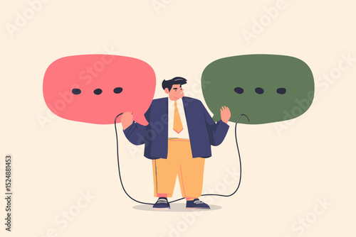 Communication dilemma: A cartoon illustration depicts a man standing between two speech bubbles, each with a different emotional expression, symbolizing the complexities of communication.