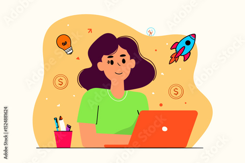 Creative Workspace: A young woman, absorbed in her work at a laptop, surrounded by elements symbolizing innovation and financial growth.