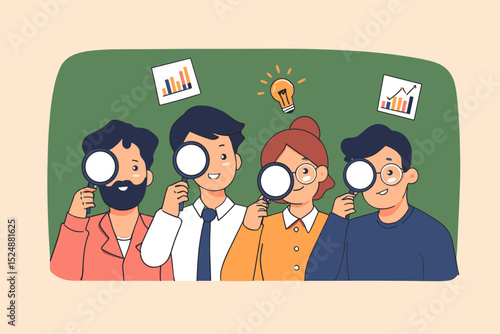 Team Examining Details: A focused team intently scrutinizes details using magnifying glass, symbolizing thorough investigation and insight in a business context.