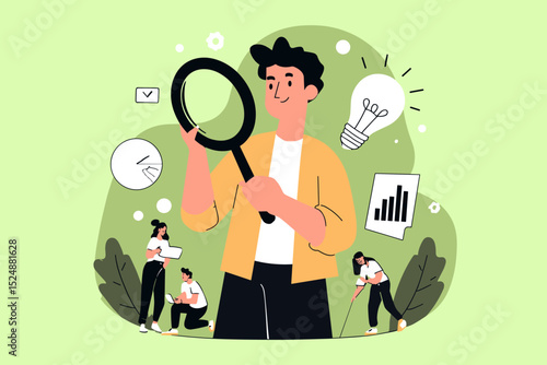The Search for Innovation: A bright illustration, a person holds up a magnifying glass, surrounded by supporting elements, visualizing a quest for new solutions and creative ideas.
