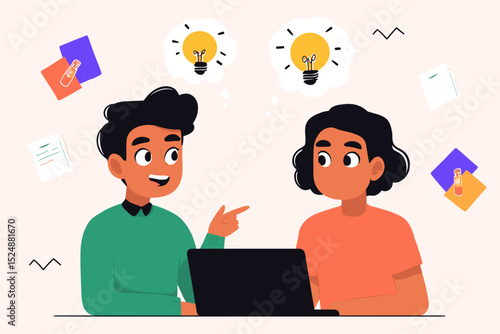 Brainstorming Session: Two individuals collaborate, their thoughts illuminated by glowing lightbulbs, symbolizing innovation and problem-solving in a colorful digital illustration.