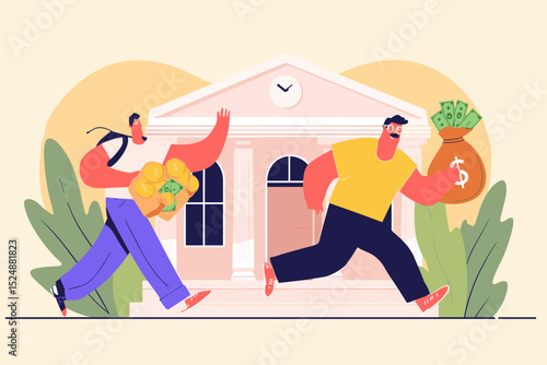 Bank Heist: A tense scene unfolds as two figures sprint away from a stylized bank, each clutching bags of money, depicting a high-stakes robbery in progress.