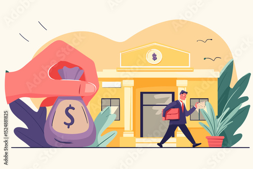 Money Matters: A stylized illustration depicting a transaction. A bag of money is being handed towards a bank, with a person hurrying toward it, perhaps making a deposit or withdrawal. 