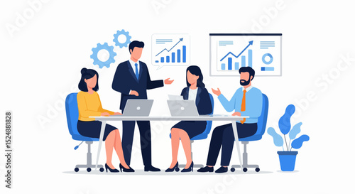 Professional vector illustration of a group of four adults engaged in a business meeting, seated and standing around a white table.